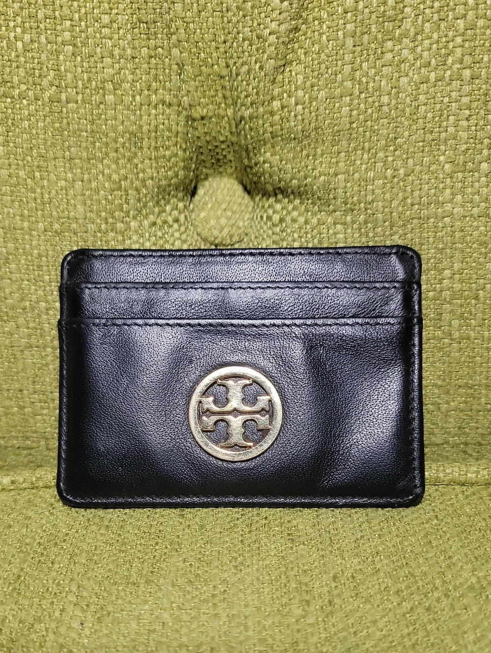 Tory Burch Black Leather Card Holder with Gold Emblem